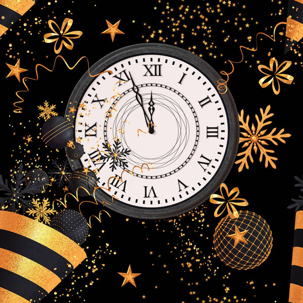 Christmas shiny black background, New Year, golden cone, flying confetti, sclock, parkles, tinsel, balls, heart, toys, serpentine, snowflake, 3D rendering, seamless pattern.