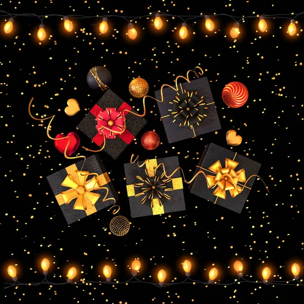 Karácsonyi Fényes Fekete Háttér Újév Fekete Doboz Arany Repülő Konfetti — Stock Fotó