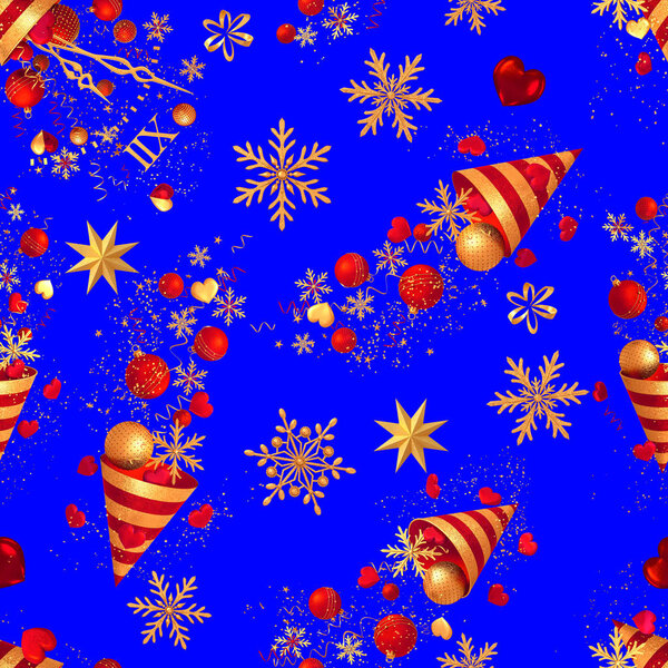 Christmas shiny bright background, New Year, golden cone, flying confetti, sparkles, tinsel, balls, heart, toys, serpentine, snowflake, 3D rendering, seamless pattern.