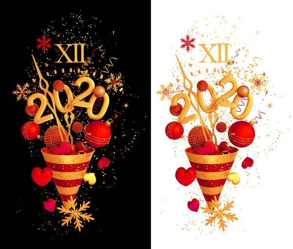 Christmas shiny red bright background, New Year, golden cone, flying confetti, sparkles, tinsel, balls, heart, toys, serpentine, 3D rendering, isolation