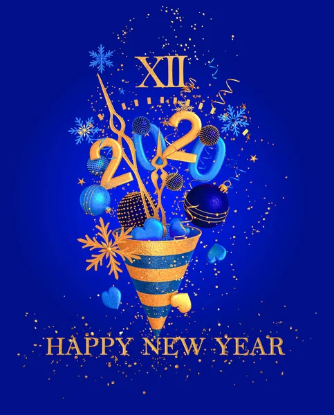 Christmas Shiny Blue Bright Background New Year Golden Cone Flying — Stock Photo, Image