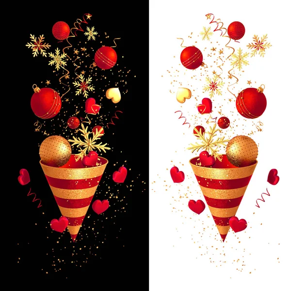 Natale Rosso Brillante Sfondo Luminoso Capodanno Cono Oro Coriandoli Volanti — Foto Stock