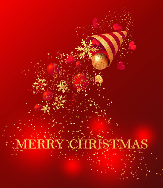 Christmas shiny red bright background, New Year, golden cone, flying confetti, sparkles, tinsel, balls, heart, toys, serpentine, 3D rendering.