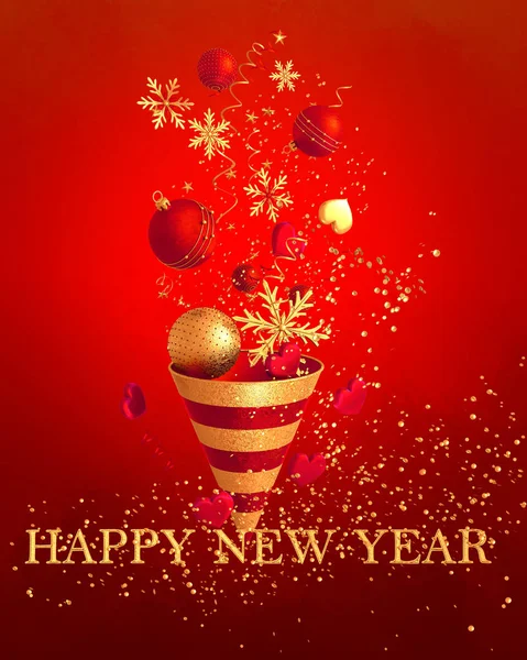 Christmas Shiny Red Bright Background New Year Golden Cone Flying — Stock Photo, Image