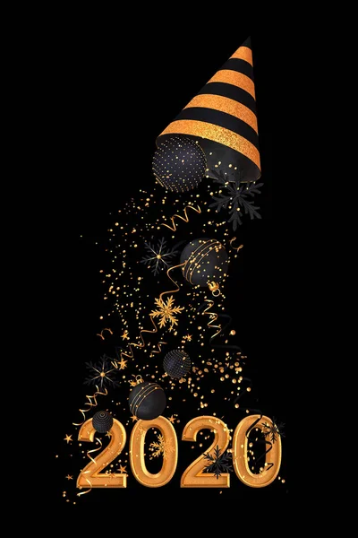 クリスマス光沢のある暗い黒の背景 ゴールデンコーン フライング紙吹雪 ティンセル ボール おもちゃ 2020 3Dレンダリング — ストック写真