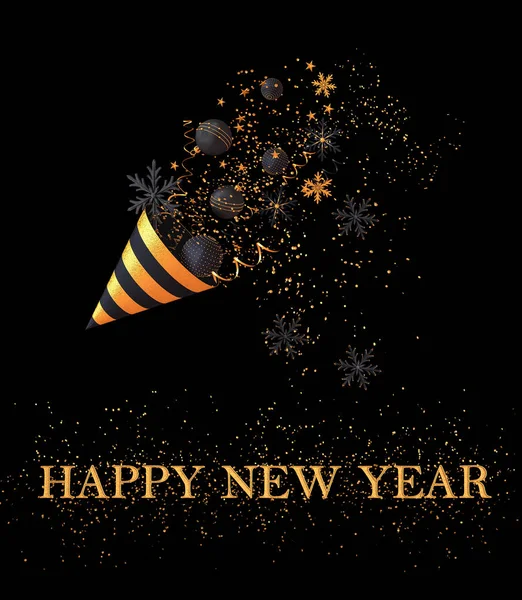 Noel parlak koyu siyah arka plan, Yeni Yıl, altın koni, uçan konfeti, parıltılar, tinsel, topları, oyuncaklar, serpantin, 3d render.