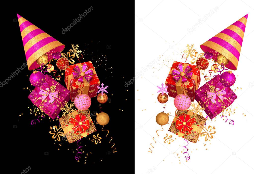 Christmas shiny bright background, New Year, golden cone, flying confetti, sparkles, tinsel, balls, heart, toys, serpentine, 3D rendering.