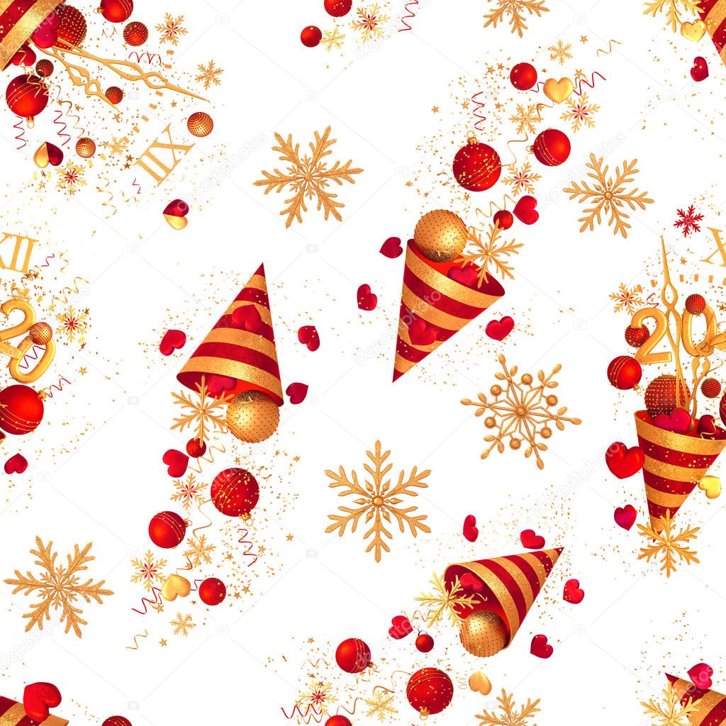 Christmas shiny bright background, New Year, golden cone, flying confetti, sparkles, tinsel, balls, heart, toys, serpentine, snowflake, 3D rendering, seamless pattern.