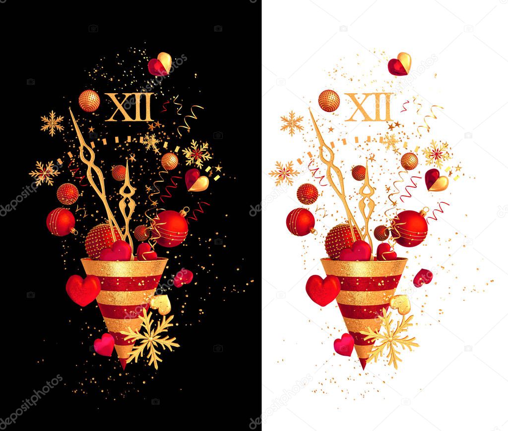 Christmas shiny red bright background, New Year, golden cone, flying confetti, sparkles, tinsel, balls, heart, toys, serpentine, 3D rendering, isolation