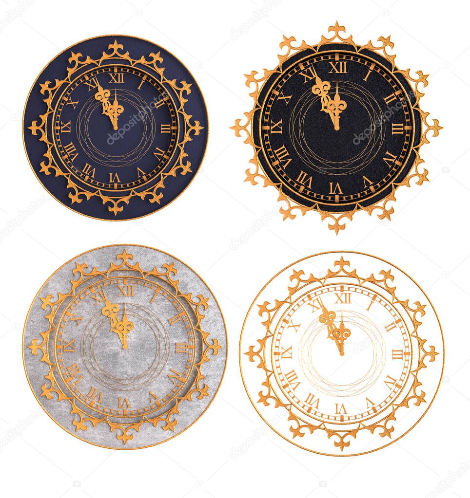 Set. Round clock decorated with gold weaving, New Year theme, Christmas. 3d rendering