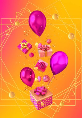 Pastel pembe arka plan, tebrik kartı, altın rengi uçan konfeti, süs, kutu, kurdele, yay, kalp, renkli jel balonlar, hediye, hediye, 3D sunum