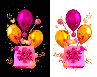 Pastel pembe arka plan, tebrik kartı, altın rengi uçan konfeti, süs, kutu, kurdele, yay, kalp, renkli jel balonlar, hediye, mevcut, 3D görüntüleme, izole edilmiş.