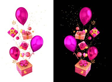Pastel pembe arka plan, tebrik kartı, altın rengi uçan konfeti, süs, kutu, kurdele, yay, kalp, renkli jel balonlar, hediye, mevcut, 3D görüntüleme, izole edilmiş.