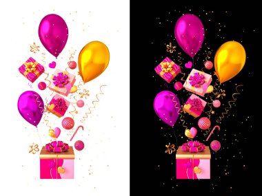 Pastel pembe arka plan, tebrik kartı, altın rengi uçan konfeti, süs, kutu, kurdele, yay, kalp, renkli jel balonlar, hediye, mevcut, 3D görüntüleme, izole edilmiş.