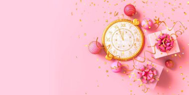 Noel parlak arka plan, yeni yıl, altın uçan konfeti, ışıltı, saat süslemesi, top, kalp, oyuncaklar, yılan şekillendirme, 3D.