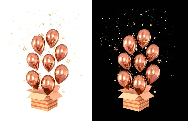 Balloons taking off from a large open gift box, golden confetti, tinsel, serpentine, decoration heart, ball, 3D rendering, isolated.