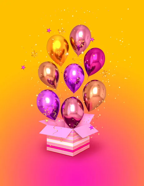 Bright Background Greeting Card Golden Confetti Tinsel Box Ribbon Bow — ストック写真