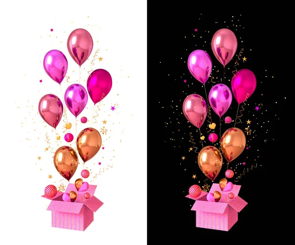 Palloncini Che Decollano Una Grande Confezione Regalo Aperta Confetti Dorati — Foto Stock