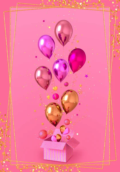 Rózsaszín Háttér Üdvözlőlap Arany Konfetti Tinsel Doboz Szalag Szív Színes — Stock Fotó