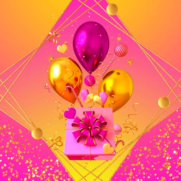 Pastellrosa Hintergrund, Grußkarte, goldenes Konfetti, Lametta, Schachtel, Schleife, Schleife, Herz, farbige Gelballons, Geschenk, Geschenk, 3D-Rendering — Stockfoto