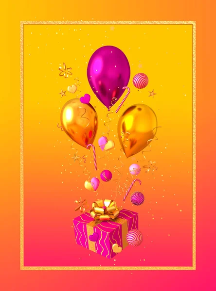 Pastel pink background, greeting card, golden flying out confetti, tinsel, box, ribbon, bow, heart, colored gel balloons, gift, present, 3D rendering — ストック写真