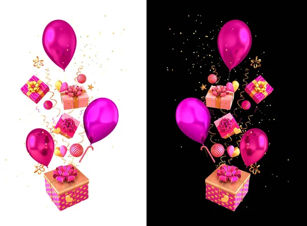 粉红的背景 金色的飞出意粉 金银花 金银花 蝴蝶结 彩胶气球 3D渲染 — 图库照片