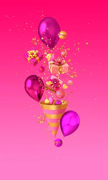 Pastel Pink Background Greeting Card Golden Cone Flying Out Confetti — ストック写真