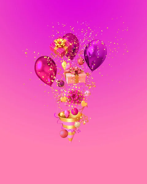 Pastelově Růžové Pozadí Blahopřání Zlatý Kužel Létání Konfety Tinsel Krabice — Stock fotografie