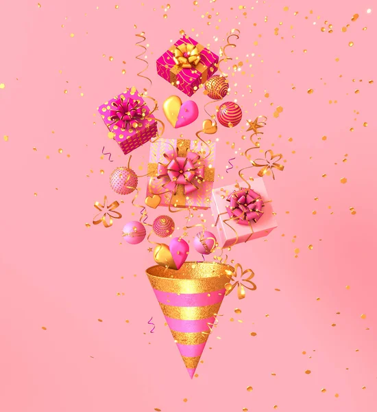 Pastel Pink Background Greeting Card Golden Cone Flying Out Confetti — Stock Photo, Image
