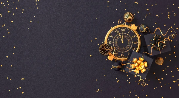 Weihnachten Glänzend Schwarzen Hintergrund Neujahr Schwarze Box Uhr Goldbogen Fliegendes — Stockfoto