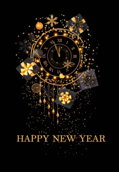 Noel parlak siyah arka plan, Yeni Yıl, kara kutu, saat, altın yay, uçan konfeti, saat, parıltı, süs, toplar, kalp, oyuncaklar, top, yılan, çelenk aydınlatma, 3d,