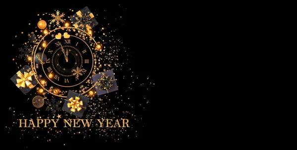Noel parlak siyah arka plan, Yeni Yıl, kara kutu, saat, altın yay, uçan konfeti, saat, parıltı, süs, toplar, kalp, oyuncaklar, top, yılan, çelenk aydınlatma, 3d,