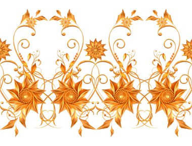 stilize edilmiş altın yapraklar ve çiçekler, parlak böğürtlenler, narin bukleler, geometrik şekiller, desenli elementler, pürüzsüz desenler, sınır, 3d