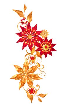 Çiçek aranjmanı, stilize altın yapraklar ve çiçekler, parlak böğürtlenler, narin bukleler, desenli elementler, beyaz arka planda izole edilmiş. 3d oluşturma