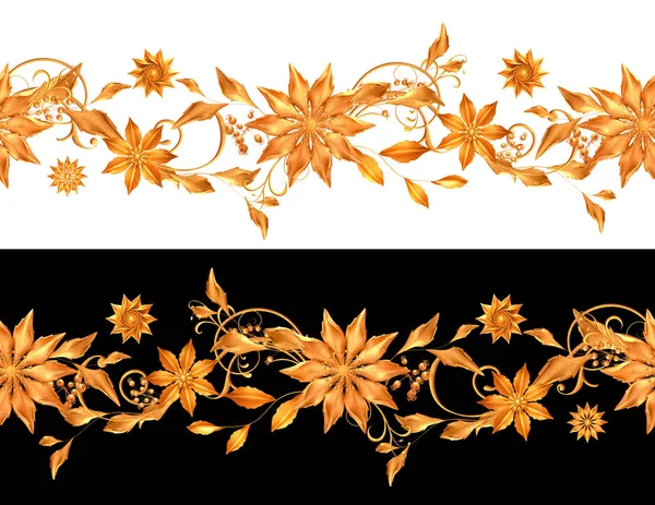 Квіткова Композиція Стилізовані Золоті Листя Квіти Блискучі Ягоди Ніжні Кучері — стокове фото