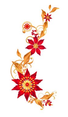 Çiçek aranjmanı, stilize altın yapraklar ve çiçekler, parlak böğürtlenler, narin bukleler, desenli elementler, beyaz arka planda izole edilmiş. 3d oluşturma