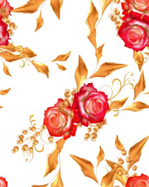 Çiçek düzenleme, güzel kırmızı güller, stilize edilmiş altın yapraklar, parlak böğürtlenler, hassas bukleler, pürüzsüz desenler, 3D işlemeler.,