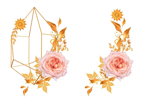Blomsterarrangemang Vacker Rosa Ros Stiliserade Gyllene Blad Och Blommor Blanka — Stockfoto