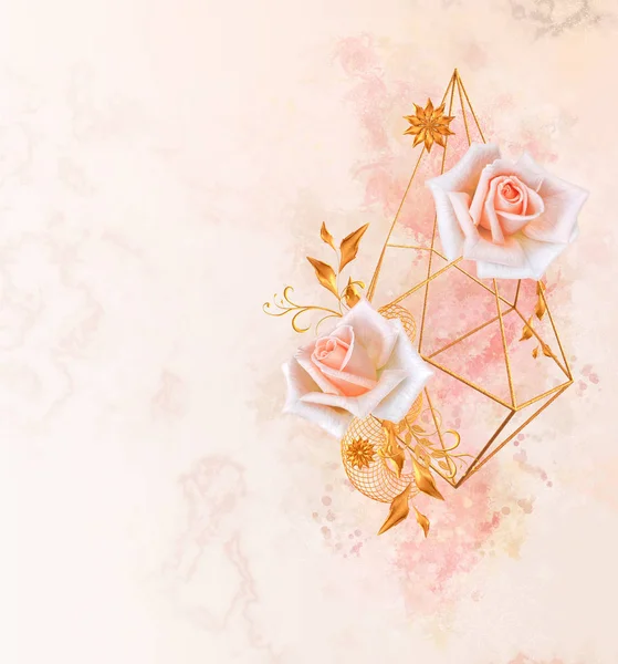 Arreglo Floral Hermosa Rosa Rosa Hojas Flores Oro Estilizadas Bayas — Foto de Stock