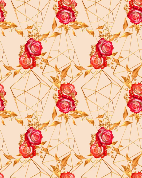 Blumenschmuck Schöne Rote Rosen Stilisierte Goldene Blätter Glänzende Beeren Zarte — Stockfoto