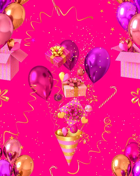 Nahtloses Muster Farbige Luftballons Geschenkbox Mit Schleife Lametta Konfetti Rendering — Stockfoto