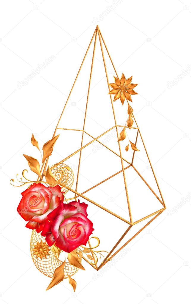 Flower arrangement, beautiful red roses, stylized golden leaves and flowers, shiny berries, delicate curls, geometric shape, paisley elements, isolated on a white background. 3d rendering