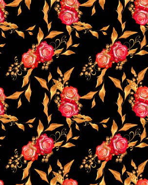 Çiçek düzenleme, güzel kırmızı güller, stilize edilmiş altın yapraklar, parlak böğürtlenler, hassas bukleler, pürüzsüz desenler, 3D işlemeler.,