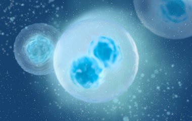 Tıbbi soyut arkaplan, bölme işlemi sırasında mikroskobik hücreler plazma, mavi palet, 3D görüntüleme