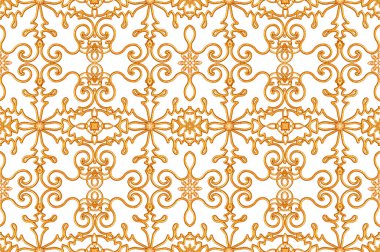 Kusursuz desen. Altın desenli bukleler. Doğu tarzı arabesk. Parlak dantel, stilize çiçekler. Zarif, altın arkaplanlı, 3B biçimlendirmeli açılış çalışması.