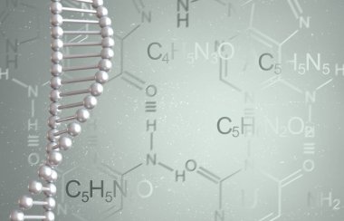 Tıbbi soyut kavramsal geçmiş. Zincir DNA, RNA kodu, bileşen elementlerin kimyasal formülleri, biyolojik yapı, 3D oluşturma