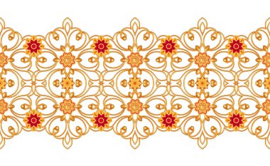 Kusursuz desen. Altın desenli bukleler. Doğu tarzı arabesk. Parlak dantel, stilize çiçekler. Zarif, altın arkaplanlı, 3B biçimlendirmeli açılış çalışması.