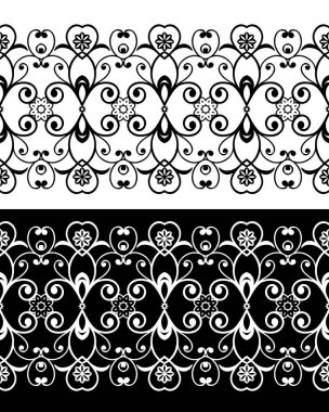 Kusursuz sınır çizgisi. Siyah ve beyaz bukleler, dantel dantel, arabesk elementi.