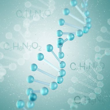 Tıbbi soyut kavramsal geçmiş. Zincir DNA, RNA kodu, bileşen elementlerin kimyasal formülleri, biyolojik yapı, 3D oluşturma