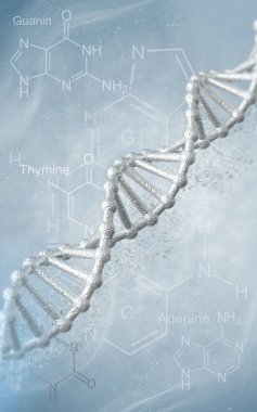 Tıbbi soyut kavramsal geçmiş. Zincir DNA, RNA kodu, bileşen elementlerin kimyasal formülleri, biyolojik yapı, 3D oluşturma